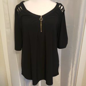 PerSeption Concept Black Pullover Top Short Goldtone Zipper at Neckline Size XL